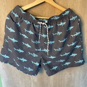 Mens Navy Blue Shark Print Elastic Drawstring Waist Mesh Lined Swim Trunks Sz M
